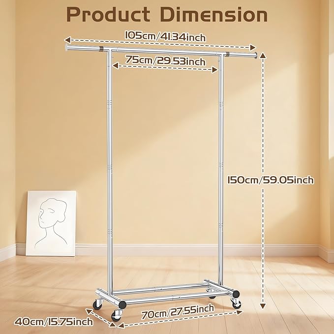 Clothes Rack for Hanging Clothes, 100% Stainless Steel Clothes Garment, Portable Sturdy Clothes Rack, Extendable Rolling Garment Rack with Wheels, Freestanding Laundry Room Bedroom Dress Shirt Jacket