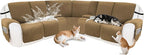 Reclining Sectional Couch Covers 100% Waterproof Velvet L Shape Recliner Sofa Cover for Dogs Pets Washable Anti Slip Recliner Slipcovers with Pockets (5 Seat Sofa with 2 Console, Light Tan)