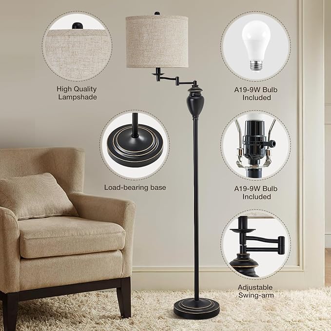 Floor Lamp for Living Room, Color Temperature 350° Adjustable Swing Arm Lamp Vintage Standing Lamp Traditional Farmhouse Standing Lamp Tall Lamp for Bedroom Office Home Nursery Study Room Hotel