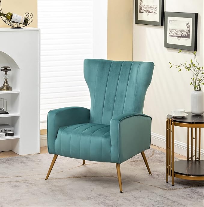 Modern Velvet Accent Chair, Channel Tufted Bedroom, Office or Living Room Furniture with Elegant Metal Legs, 26" Wide Armchair, Teal