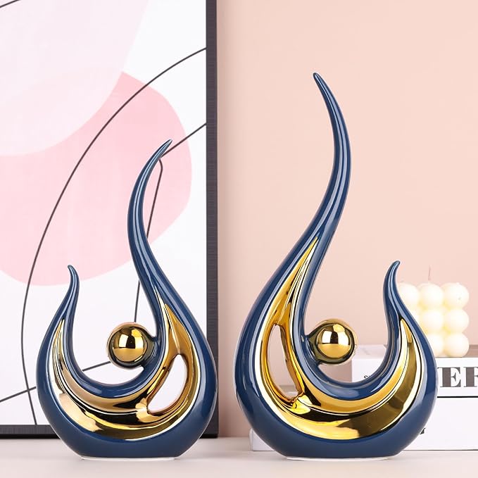 XMGZQ 2pcs Navy Blue Gold Modern Abstract Art Statue Table Decoration,Elegantes Ceramic Statue for Home Décor Accent,Mantel,Bookshelf,Centerpiece Table Decorations for Dining Room,adornos para sala