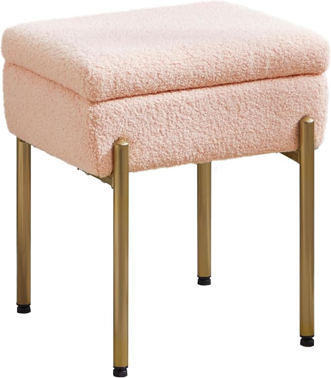 Vanity Stool Chair, Small Ottoman Stool with Storage, Makeup Vanity Chair with Anti-Slip Feet, Footstool Ottoman with Metal Legs, Storage Chairs for Makeup Room, Bedroom, Living Room (Pink)