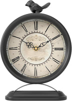 Vintage Table Clock with Bird, European Antique Style Black Mantel Clocks, Desk and Shelf Decor Clock, for Farmhouse, Bedside, Living Room, Bedroom, Gift (9" H x 6.5" W)