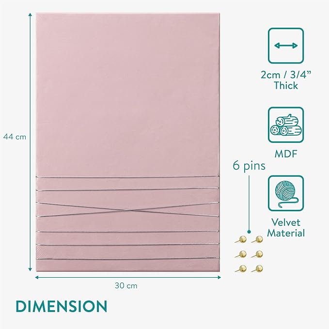 Navaris Fabric Memo Bulletin Board - 12" x 17" Velvet Memory Board for Wall to Display Photo Collages, Pictures, Notes - Includes 6 Push Pins - Pink