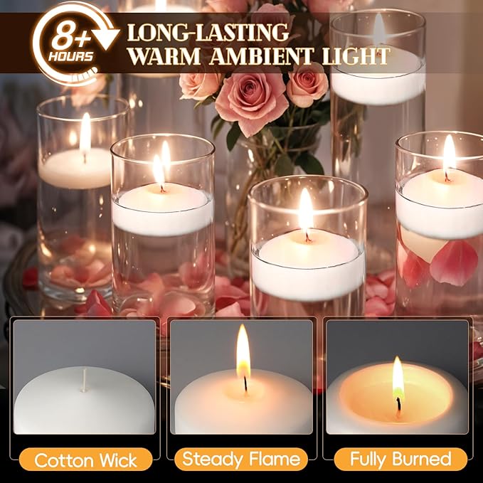 3 inch White Floating Candles, 60 Pack Unscented Floating Candle,8-9 Hours Burning Floating Candles for Centerpieces, 3" Water Candles for Cylinder Vases, Wedding, Party