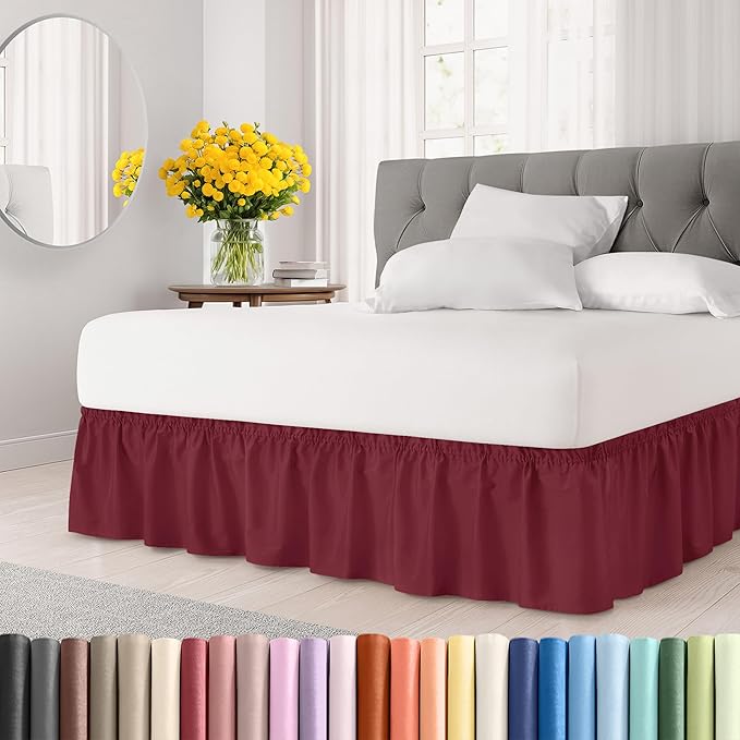 Wrap Around Dust Ruffle Bed Skirt - Burgundy - for King Size Beds with 21 Inch Drop - Easy Fit Elastic Strap - Adjustable Pleated Bedskirt w/Brushed Fabric Wrinkle Free - for Women, Men, Kids & Teens