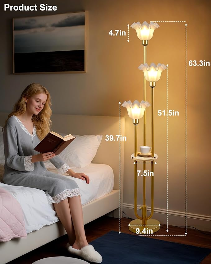 Flower Floor Lamp for Living Room, Dimmable Vintage Floor Lamp with Shelf & LED Bulbs, 3 Light 3000K Soft Warmwhite Mid Century Gold Standing Lamp, Floral Tall Lamp for Bedroom