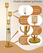 Lightdot Dimmable Boho Floor Lamps with Table, 3-Lights Rattan Floor Lamp 3000K Warmwhite Farmhouse Floor Lamp, Rustic Gold Standing Lamp for Living Room/Sofa Beside/Corner Decor(Bulbs Included