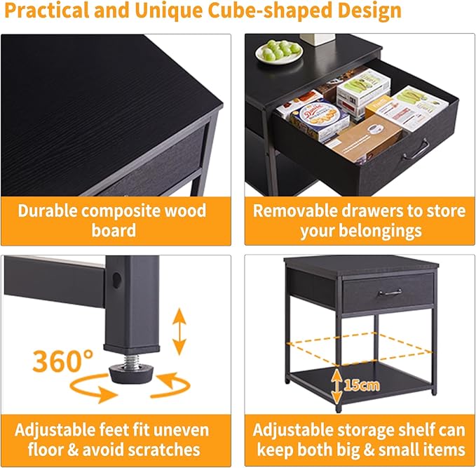 Adjustable Side Table with Drawers, Refrigerator Table,Square Coffee Table, Large Printer Stand, End Table Black YD-TM156B
