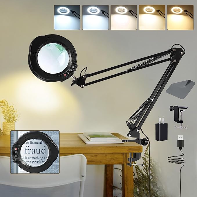 12X Magnifying Glass with Light and Clamp, Magnifier with Light Hands Free,84 LEDs Real Glass Lens Magnifying Lamp for Close Work, Repair, Reading, Craft (Black 2)