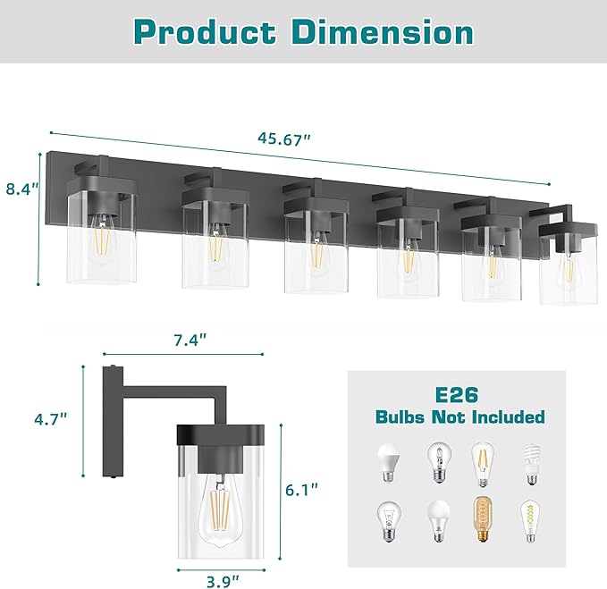 Bathroom Vanity Light, Square Design 6 Lights Morden Bathroom Lighting Fixtures Over Mirror, Black Vanity Light for Living Room/Bedroom