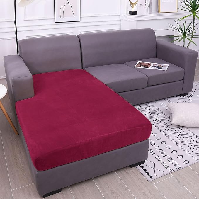 hyha Velvet Couch Cushion Covers, Stretch Chaise Lounge Sectional Couch Seat Covers L Shape for Sectional Sofa, Soft Sofa Cushion Slipcover Washable with Elastic Bottom(XL Chaise, Wine Red)
