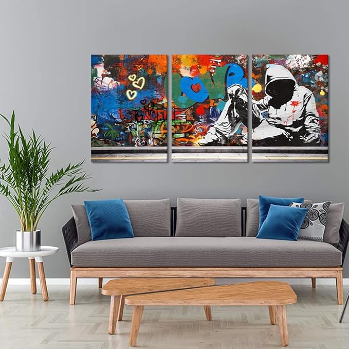Novatique Bedroom Graffiti Canvas Wall Decor Banksy Classic Street Art Canvas Print Framed Abstract Graffiti Poster Home Decor for Bedroom Living Room Bathroom, 20" x 28" x 3Pcs