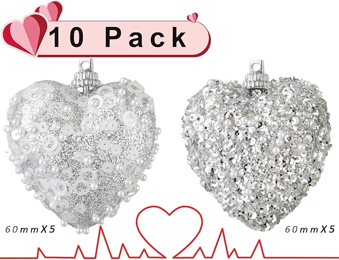 Silver Valentine's Day Heart Tree Ornaments 10Pcs Glitter Sequin Heart Shaped Baubles Decoration Valentines Pearl Foam Hanging Decor(2.36in)
