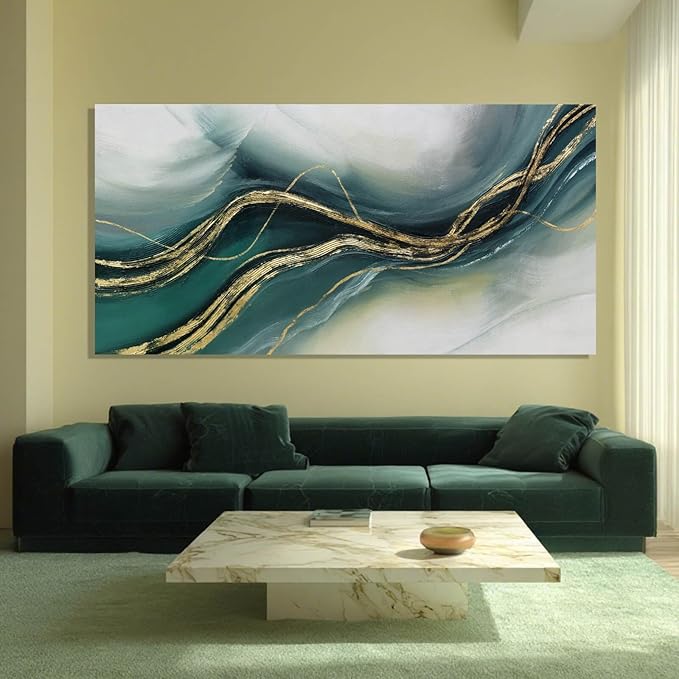 ZENPEE Gold and Green Modern Wall Art, Simple Abstract Canvas Prints, Wall Hangings & Posters for Living Room, Office & Hallway, 29" x 58"