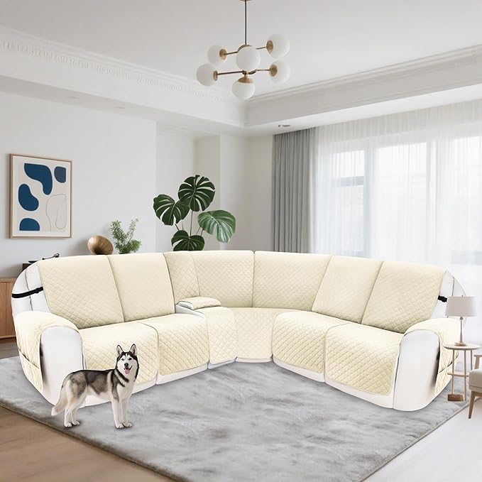 Recliner Sofa Covers 100% Waterproof Velvet L Shape Recliner Couch Covers for Dogs Pets Washable Anti Slip Recliner Slipcovers with Pockets (5 Seat Sofa with 1 Console, Ivory White)