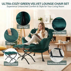 Lazy Chair with Ottoman, Modern Accent Chair with Lumbar Pillow, Velvet Dark Green Sofa, Lounge Chairs with Folding Footrest, Oversized Supportive Chairs for Bedroom, Reading