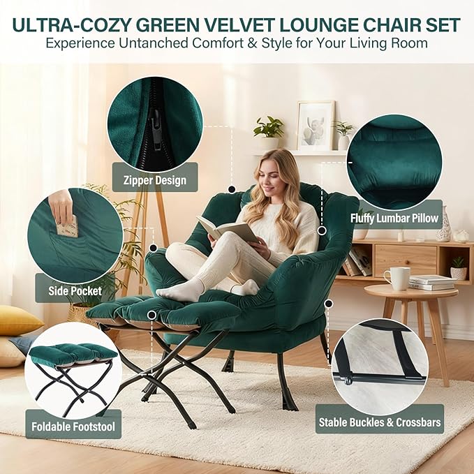 Lazy Chair with Ottoman, Modern Accent Chair with Lumbar Pillow, Velvet Dark Green Sofa, Lounge Chairs with Folding Footrest, Oversized Supportive Chairs for Bedroom, Reading