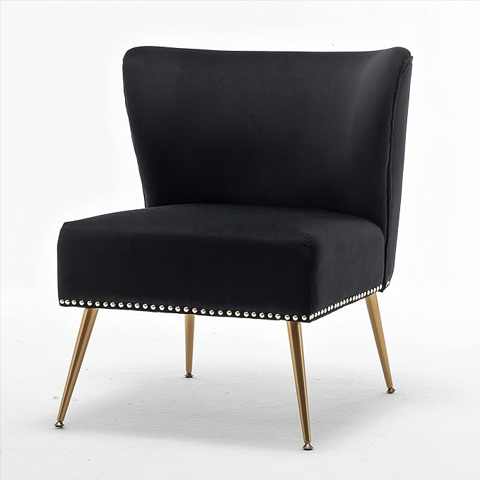 Thia Armless Velvet Accent Chair for Living Room, Elegant Seat with Nailhead Trim, Gold Metal Legs and Comfortable Curved Back, 28" D x 25" W x 29.5" H, Black