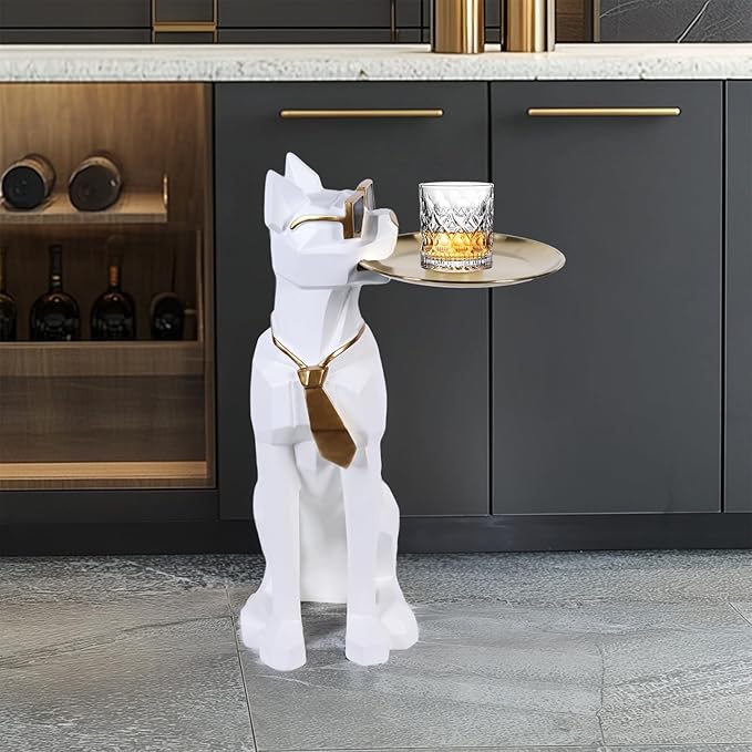 Resin Dog Side Table With Tray, Butler Statue Tissue Box, Accent End Table, Unique Sculpture, Geometric Statue, Funky Furniture for Home Decor Modern (White)