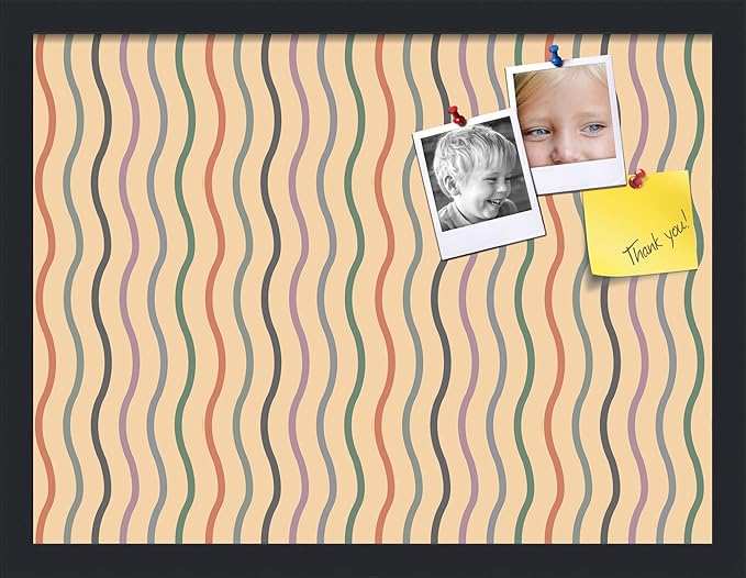PinPix 20x15 Inch Cork Bulletin Board. This Decorative Framed Pin Board Comes with Multi Color Waves Design and a Satin Black Frame. Ideal for Home Office Decor or Message Board (PinPix-565)