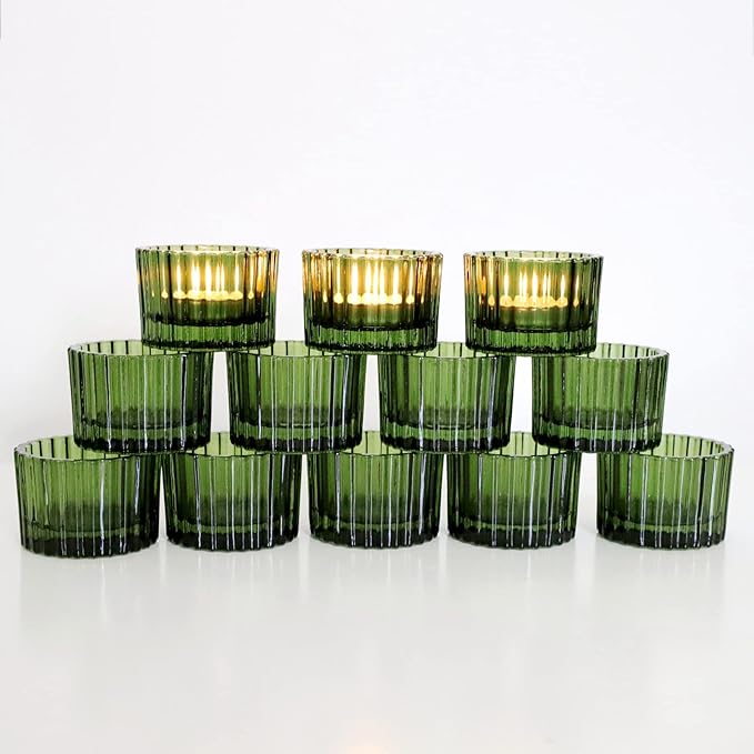 VOHO 24pcs Green Tea Lights Candle Holder for Christmas Decorations, Ribbed Glass Tealight Candle Holder for Wedding, Holiday/Birthday Gifts