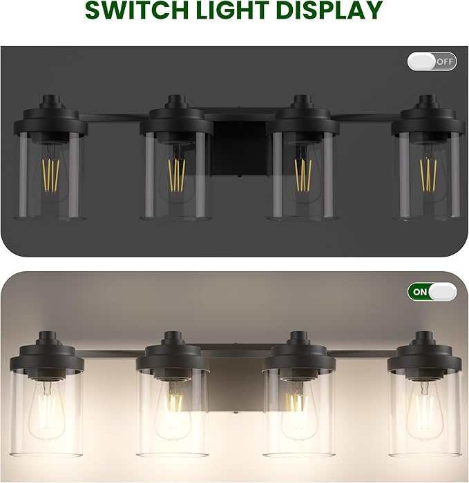 Bathroom Vanity Light Fixture, 4-Light Modern Black Vanity Light Fixtures with Clear Glass Shade, Matte Black Bathroom Light Fixtures Over Mirror, Rustic Restroom Lighting Fixtures