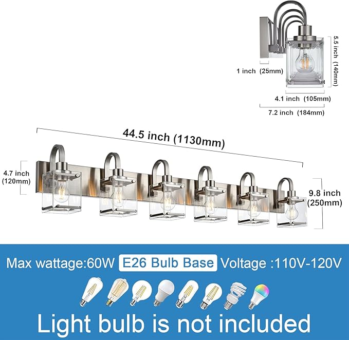 6-Light Bathroom Light, Brushed Nickel Vanity Light Fixture Over, Mirror,Modern Wall Lamp with Clear Glass Shade Wall Sconce Lighting for Living Room, Bedroom, Hallway