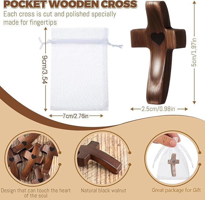Handmade 10Pcs Wooden Cross Fidget Bulk with Organza Bags - Stress Relief Pocket Cross My Heart for Christian, Pocket Prayer Cross, Religious Easter Day Gifts