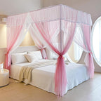 AIKASY 4 Corners Post Ruffle Princess Bed Canopy Curtain - Double Layer Cozy Drape Netting with 4 Openings - Elegant Mosquito Net for Girls and Adults Bedroom Decoration (Pink, Twin)