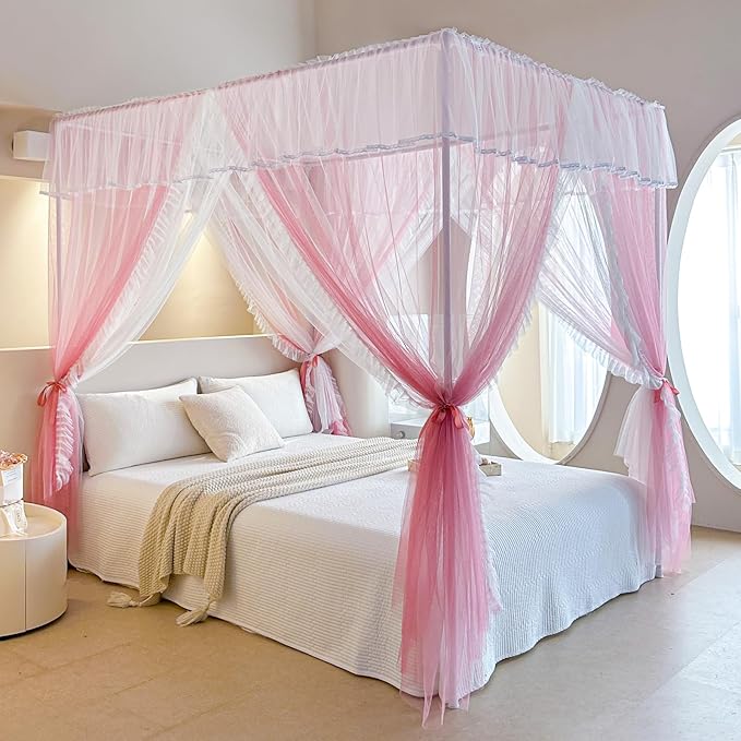 AIKASY 4 Corners Post Ruffle Princess Bed Canopy Curtain - Double Layer Cozy Drape Netting with 4 Openings - Elegant Mosquito Net for Girls and Adults Bedroom Decoration (Pink,Full)
