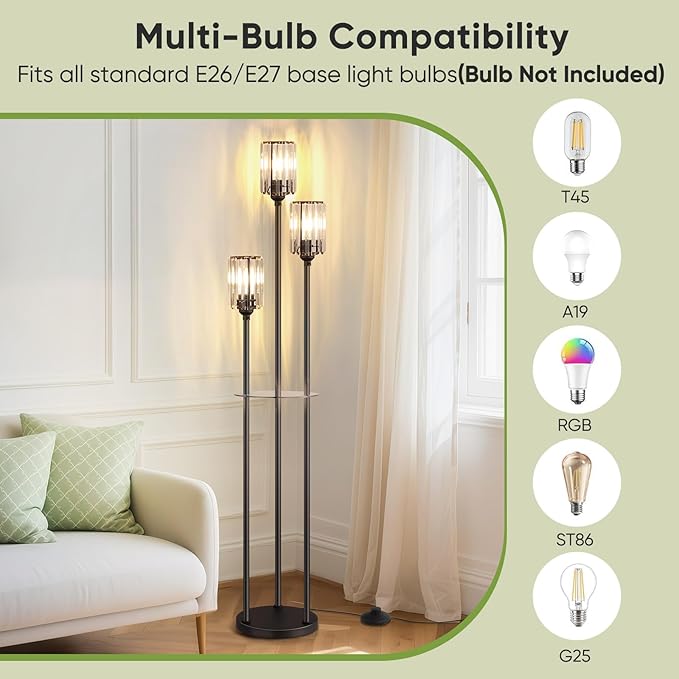 Crystal Floor Lamps for Living Room, Glass Modern Floor Lamp with Shelves, Mid Century Standing Lamps with Table, Brass Tall Lamp with Crystal Shade Vintage Retro Corner Floor Lamp (Black)