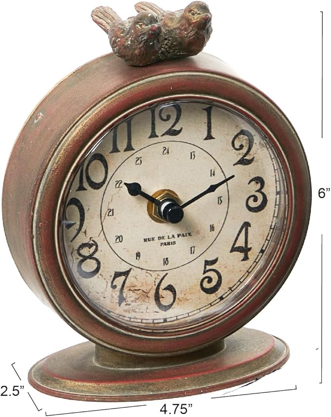 Creative Co-Op Vintage Pewter Mantel Clock with Birds, Distressed Brown