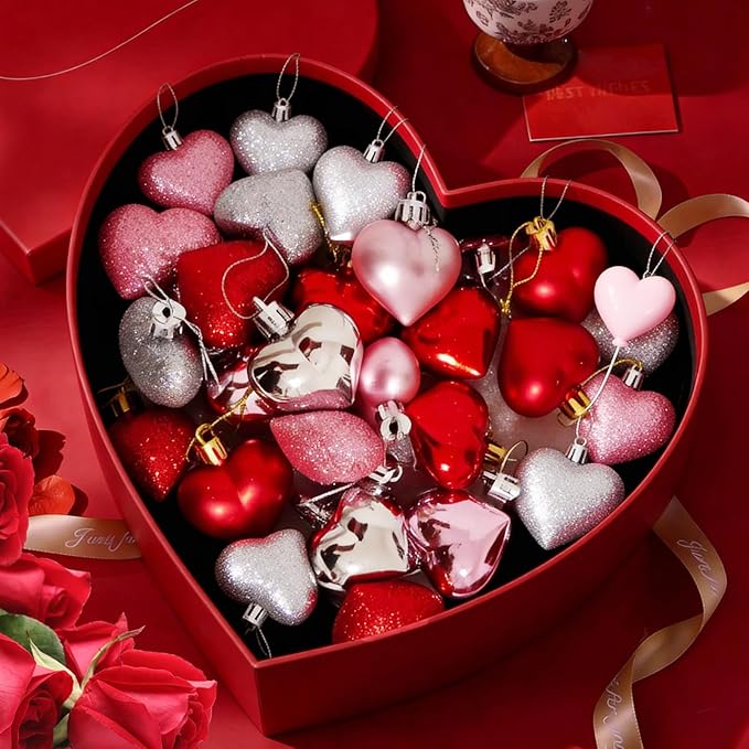 36Pcs Valentines Heart Ornaments, Red Pink Silver Glitter Valentines Decorations Heart Shaped Baubles, Romantic Hanging Valentine Day Tree Ornaments Decorations for Home Office, 3 Styles