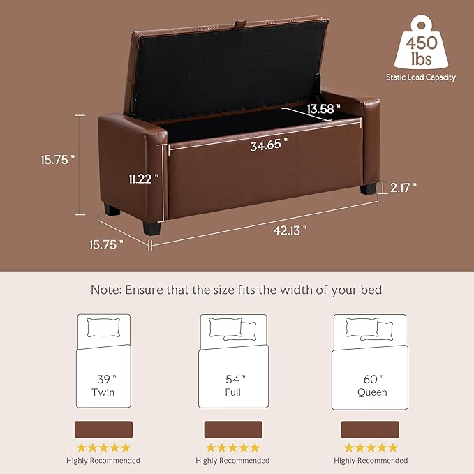 GRAINELL Storage Ottoman Bench, Upholstered Tufted Bedroom Bench with Storage, End of Bed Storage Bench for Living Room & Entryway, 350 lb Capacity, Leather Brown