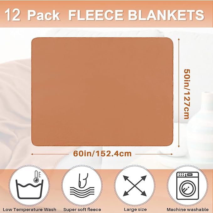 Newwiee 12 Pcs Fleece Throw Blankets Bulk 50'' x 60'' Oeko-tex Standard 100 Certified Spring Outdoor Wedding Guest Blankets Lightweight for Sleepover Donation Lap Pet Sofa Home (Rust Red)