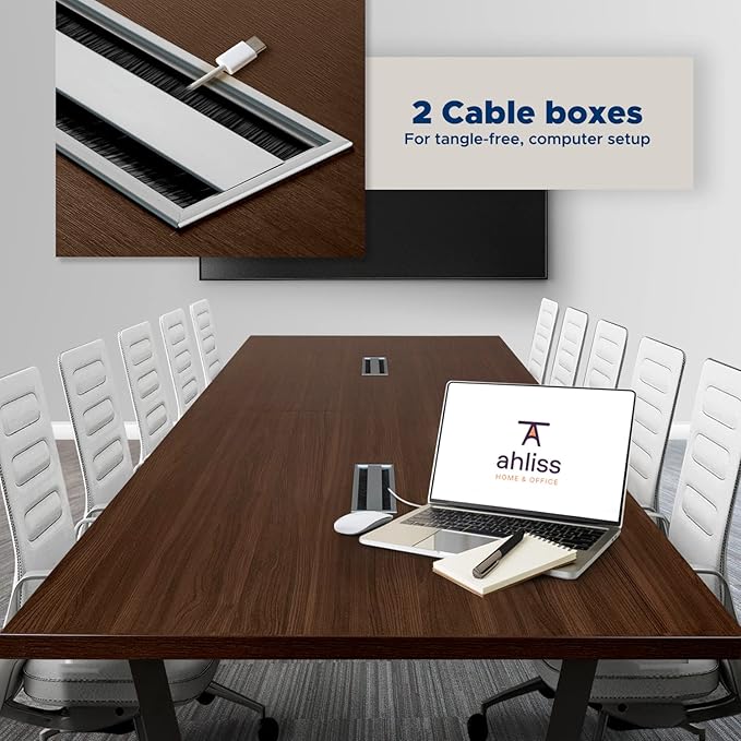 Sturdy Conference Table with Cable Management Grommets Modern Rectangle Office Meeting Table with Wood Tabletop and Metal Frame & Legs- Easy Assembly Boardroom Table (Dark Brown, 10 Foot)