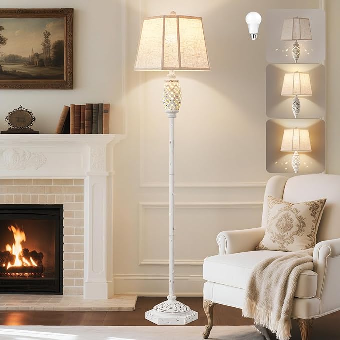 Luvkczc Rustic Floor Lamp with Floral Cutouts & Light, Vintage Farmhouse Style Standing Lamp Resin Floor Lamps for Living Room, Bedroom,Study (Bulb Included)
