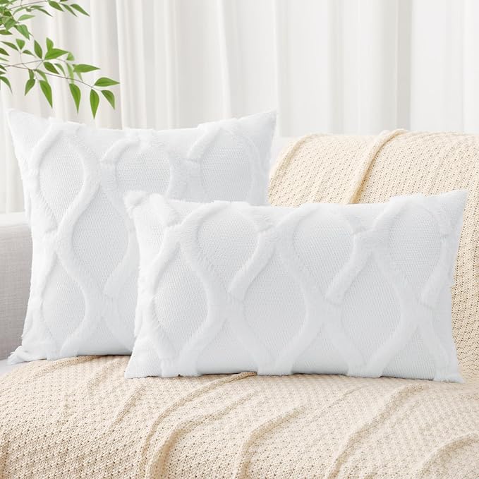 decorUhome Spring Throw Pillow Covers 16x16 Inch Set of 2, Soft Plush Faux Fur Wool Pure White Couch Pillow Covers, Decorative Neutral Pillow Cases for Bed Sofa Living Room Home Decor