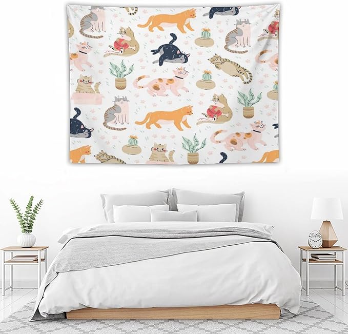 VUMIVI Cute Cat Tapestry Kids Hand-Painted Doodles Colorful Illustrations Potted Plants Paw Prints Tapestry Wall Hanging for Living Room Bedroom Dorm Classroom Aesthetic Decor W40xL30in