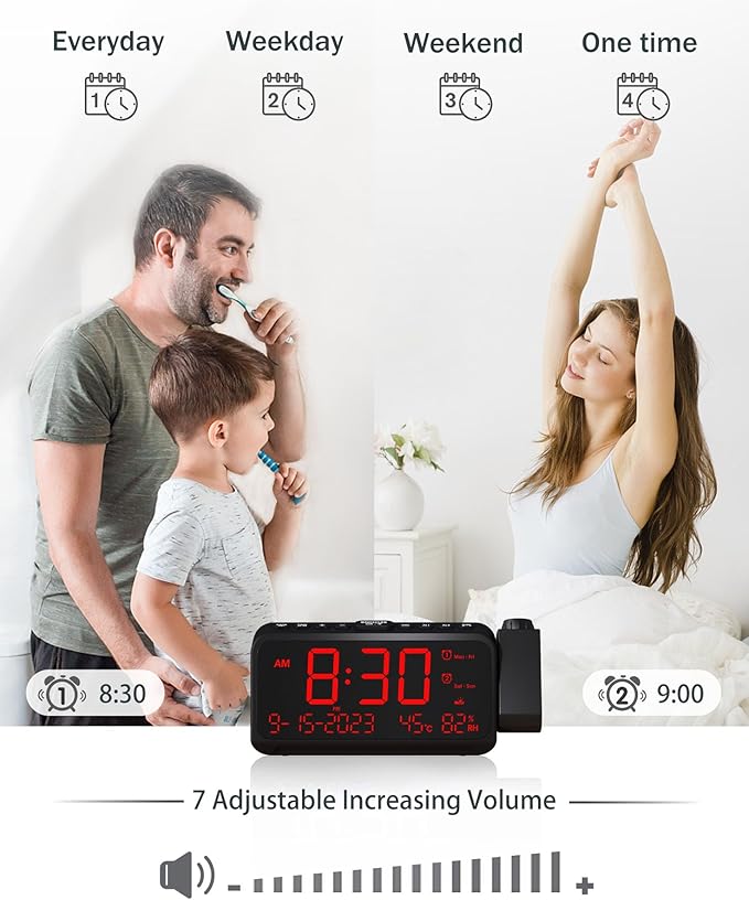 Roxicosly Projection Alarm Clock for Bedroom Ceiling, 118 dB Super Loud for Heavy Sleepers, 6.7" Large Digital Dimmable Display with Day Date Indoor Temp Humidity, Dual Alarms Adjustable Volume