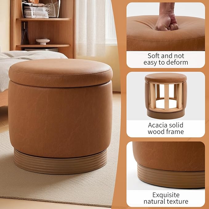Round Storage Ottoman,Brown Swivel Vanity Stool-Smooth Faux Leather Foot Rest,Footstool Pouf with Sturdy Acacia Wood Frame(500lbs), Hidden Storage Ottoman for Living Room Assembled