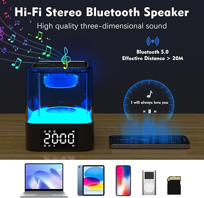 Night Light Bluetooth Speaker, Multi-Functional Dual Alarm Clock, MP3 Player, Touch Sensor Bedside Lamp, 48 RGB Color Changing, Gifts for 10 11 12 13 14 Year Old Teenage Boys Girls