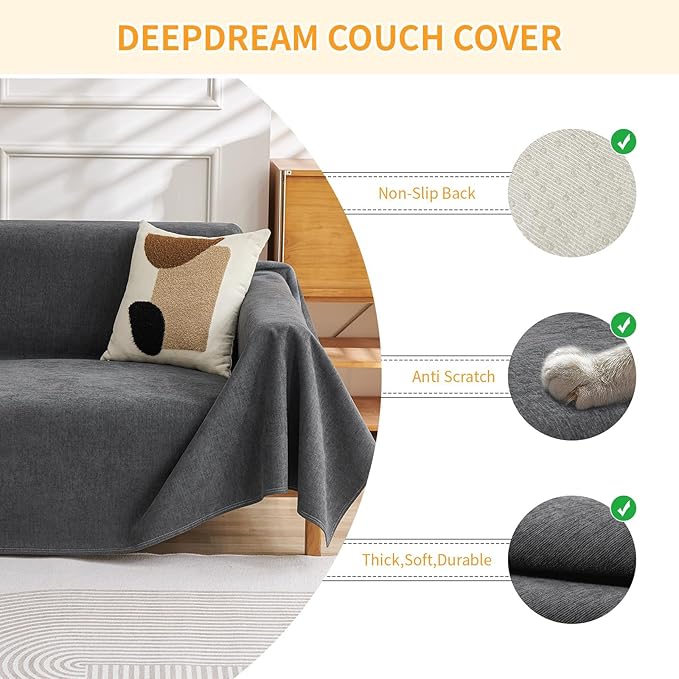 Deep Dream Cat-Scratch Resistant Armchair Couch Cover, Waterproof Sofa Cover for Dogs, Pet Friendly Couch Protectors Anti Slip Thickened Slipcovers for Dogs Pets, 71" x 91", Dark Grey