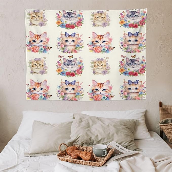 VUMIVI Watercolor Flower Cat Tapestry Colorful Cartoon Cute Animals Butterflies Abstract Art Print Tapestry Wall Hanging for Living Room Bedroom Dorm Classroom Aesthetic Decor W40xL30in