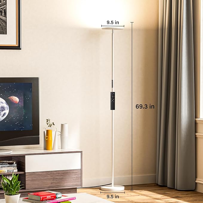 Modern LED Floor Lamp - Remote & Touch Control, Sky Torchiere Standing Lamp, Fully Dimmable, 3 Color Temperatures, Ideal for Living Room & Bedroom, Easy to Assemble(White)