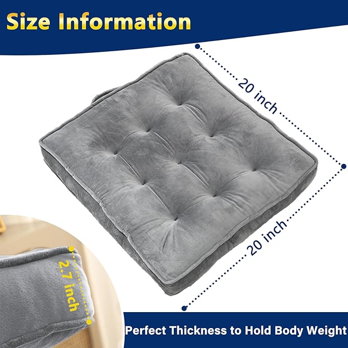 Floor Pillow Set of 2, Memory Foam Meditation Cushion, Floor Cushions for Adults Sitting, Large Square Seat Cushions for Yoga, Living Room, 20x20 Inch (Grey)