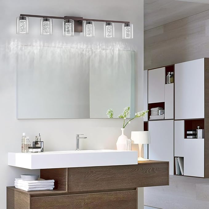 SineRise 6-Light Bronze Vanity Light with 3 Color Modes (3000K/4000K/6000K), Eye Protection LED Bathroom Light Fixture, Dimmable Modern Wall Light Over Mirror with Clear Glass Shade