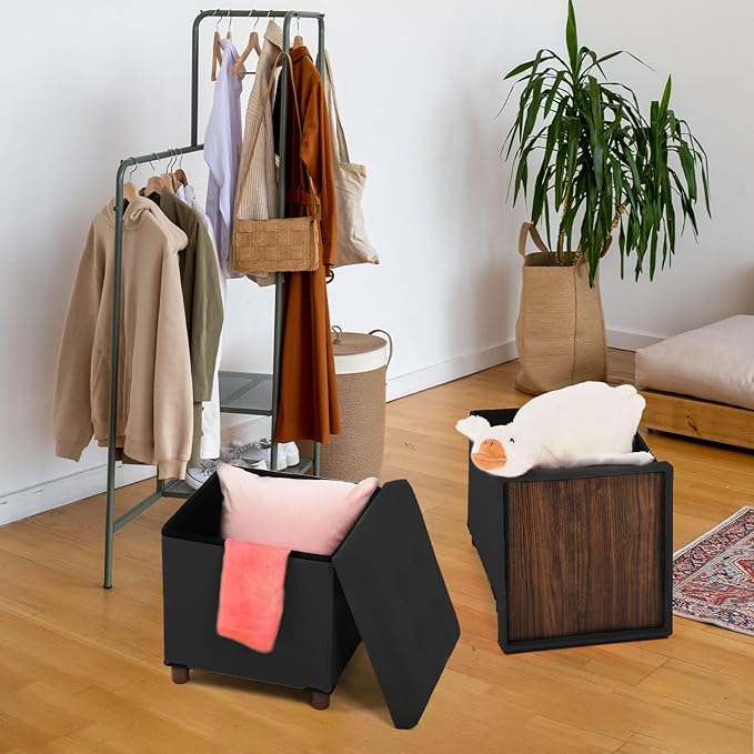 Storage Ottoman for Living Room，Square Ottoman with Tray Bedroom Cube Foot Rest Stool with Legs Ottomans Coffee Table Lid Foldable Footstool Faxu Leather 15" Inch(Black)