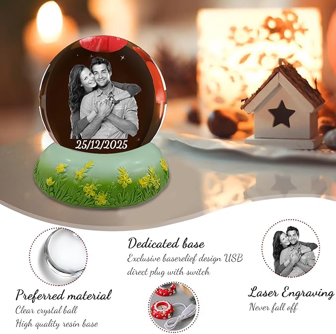 Personalized Christmas Crystal Ball with Light Customized Photo Snow Globe with Engraving Text Custom Ornaments Gifts for Family Couples Friends (Vanilla Pattern Base)